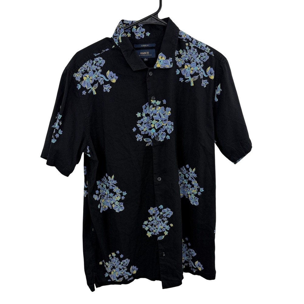 Roark Shirt Mens Large Black Floral Print Classic Fit Short Sleeve Button Down *
